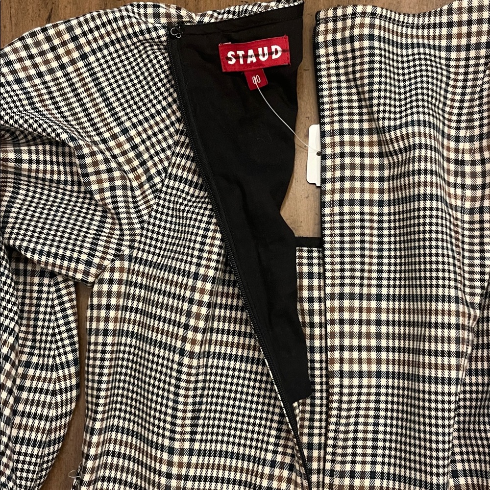 STAUD Black and White Houndstooth Long Sleeve Dress with Brown Leather Pocket - Picture 4 of 4